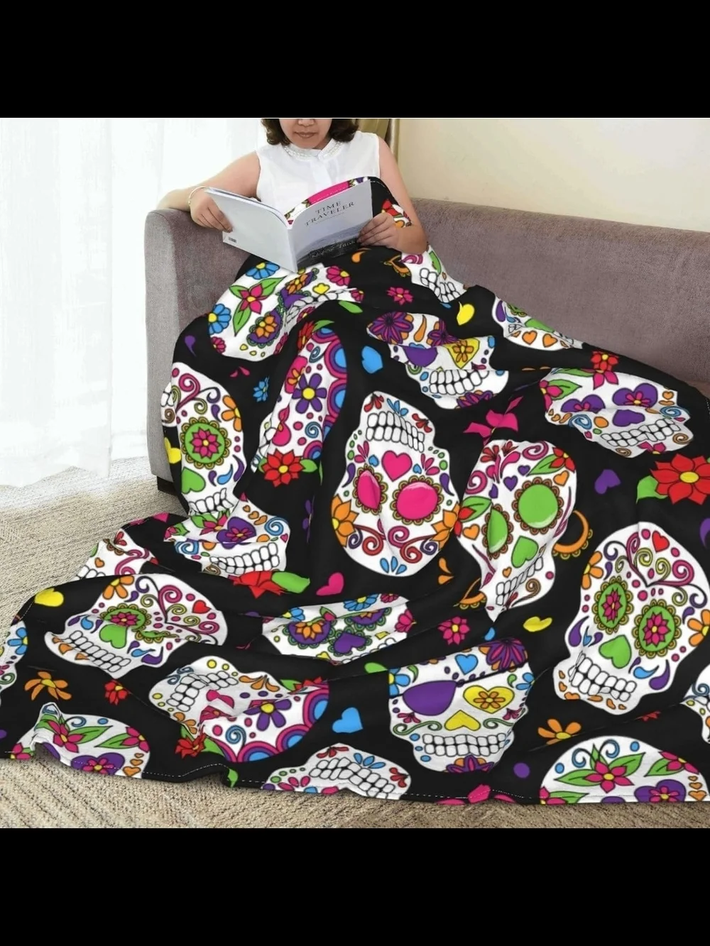Day of The Dead Sugar Skull Lightweight Flannel Fleece Bed Blanket, 60